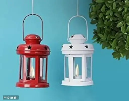 SMOCK STRECH Multicolour Hanging Lantern Candle Light/Colour Green Metal and Glass Lantern Pack of 2