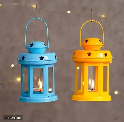 SMOCK STRECH Multicolour Hanging Lantern Candle Light / Colour Yellow Metal and Glass Lantern Pack of 2