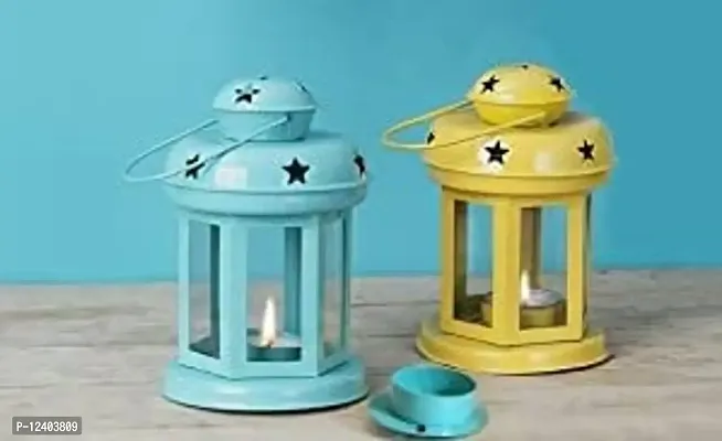 SMOCK STRECH Multicolour Hanging Lantern Candle Light/Colour Sky Blue Metal and Glass Lantern Pack of 2