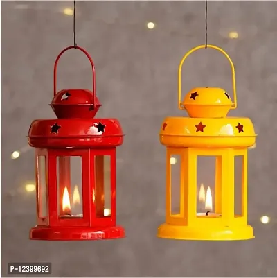 SMOCK STRECH Multicolour Hanging Lantern Candle Light / Colour Red Metal and Glass Lantern Pack of 2