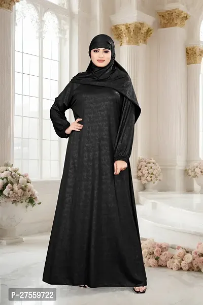 Contemporary Black Polyester Self Pattern Burqa With Hijab For Women