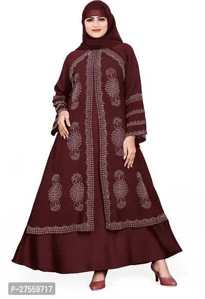 Contemporary Maroon Nida Matte Embroidered Burqa With Hijab For Women