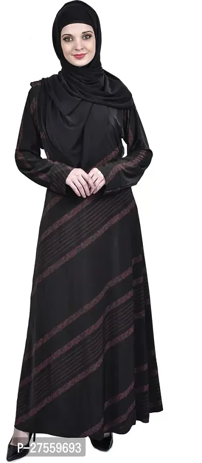 Contemporary Black Polyester Striped Burqa With Hijab For Women