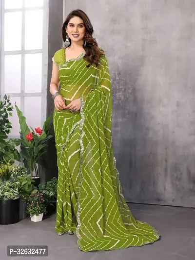 Elegant Green Georgette Printed Saree With Blouse Piece For Women