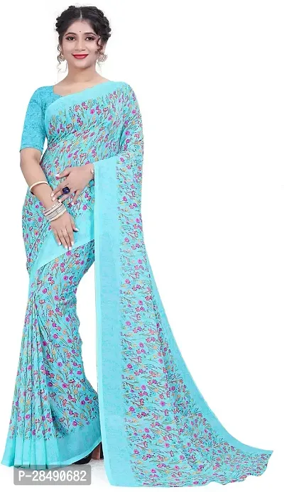 Stylish Blue Georgette Saree With Blouse Piece For Women