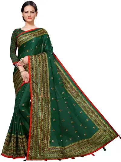 Jute Cotton Printed Mirror Work Sarees with Blouse piece