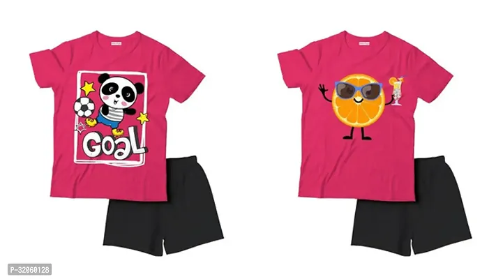 Fabulous Pink Cotton Printed T-Shirts with Shorts For Boys Pack Of 2