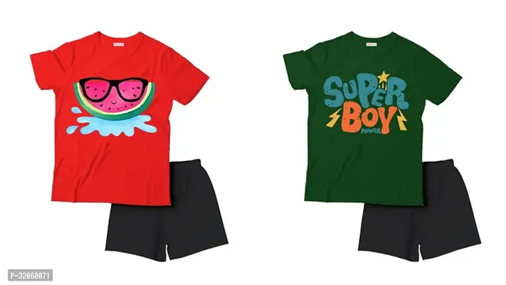 Fabulous Multicoloured Cotton Printed T-Shirts with Shorts For Boys Pack Of 2