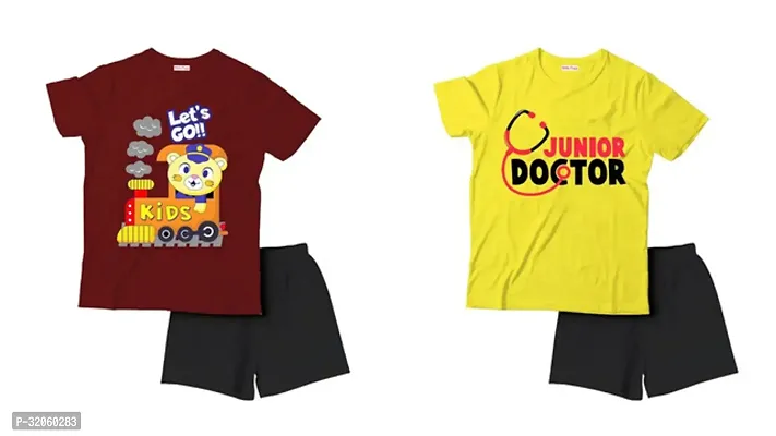 Fabulous Multicoloured Cotton Printed T-Shirts with Shorts For Boys Pack Of 2