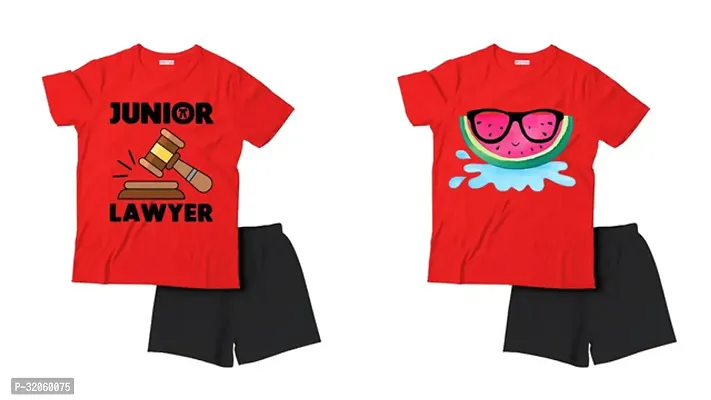 Fabulous Red Cotton Printed T-Shirts with Shorts For Boys Pack Of 2