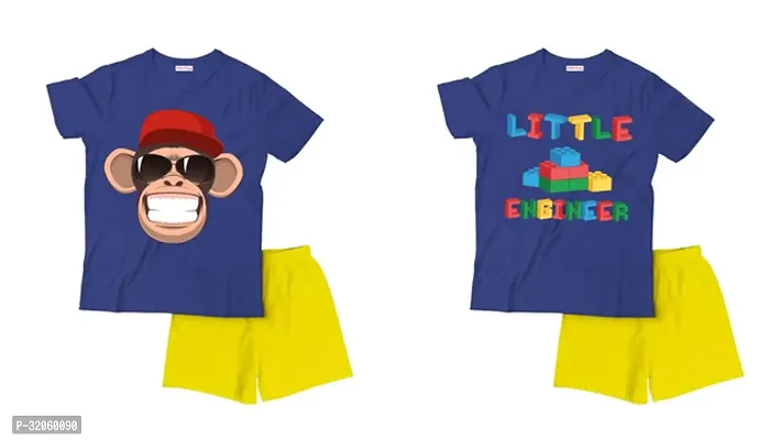 Fabulous Blue Cotton Printed T-Shirts with Shorts For Boys Pack Of 2