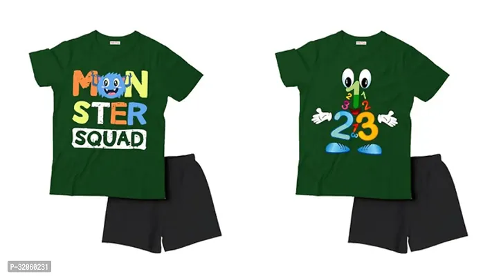 Fabulous Green Cotton Printed T-Shirts with Shorts For Boys Pack Of 2-thumb0