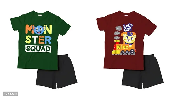 Fabulous Multicoloured Cotton Printed T-Shirts with Shorts For Boys Pack Of 2