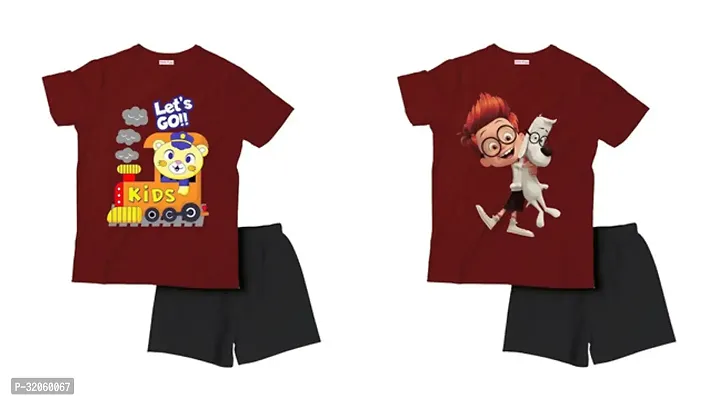 Fabulous Maroon Cotton Printed T-Shirts with Shorts For Boys Pack Of 2