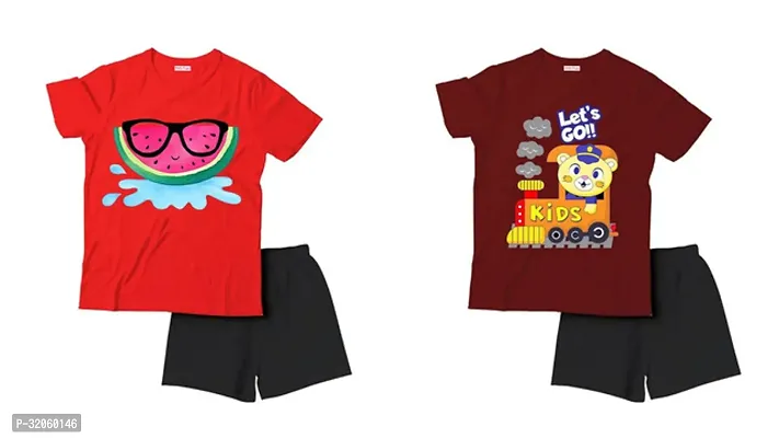 Fabulous Multicoloured Cotton Printed T-Shirts with Shorts For Boys Pack Of 2