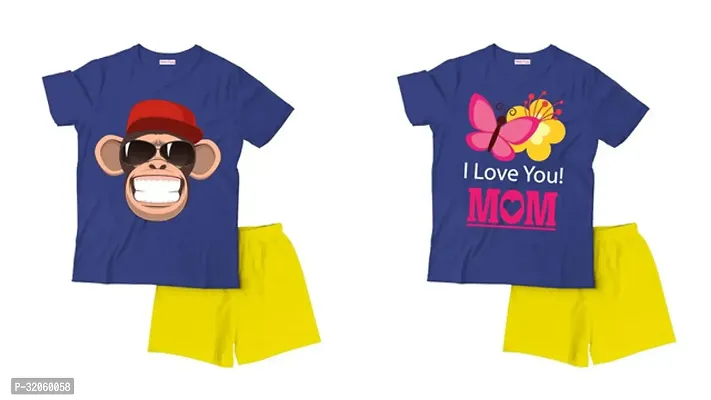 Fabulous Blue Cotton Printed T-Shirts with Shorts For Boys Pack Of 2