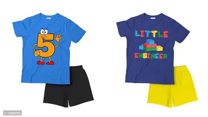 Fabulous Blue Cotton Printed T-Shirts with Shorts For Boys Pack Of 2