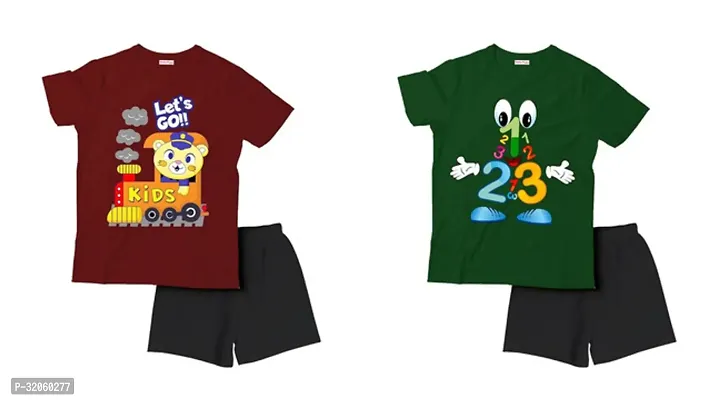 Fabulous Multicoloured Cotton Printed T-Shirts with Shorts For Boys Pack Of 2