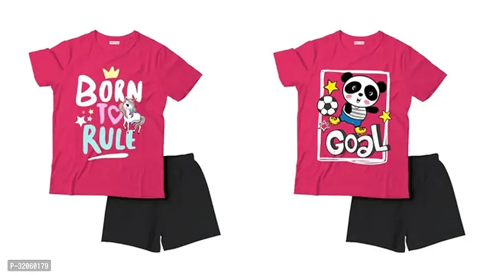 Fabulous Pink Cotton Printed T-Shirts with Shorts For Boys Pack Of 2