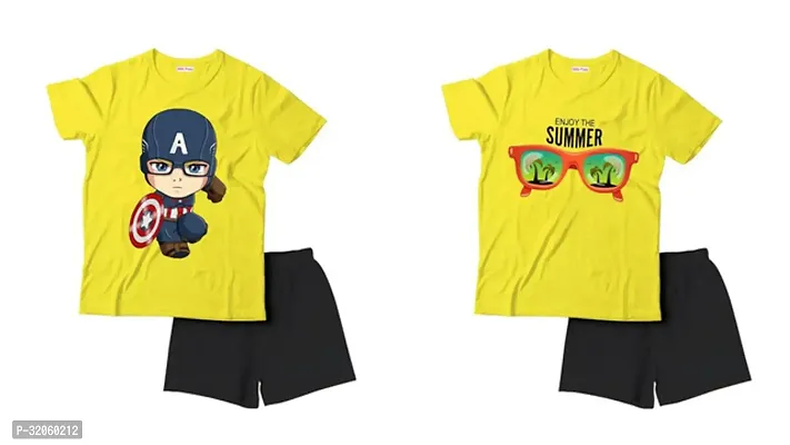 Fabulous Yellow Cotton Printed T-Shirts with Shorts For Boys Pack Of 2-thumb0