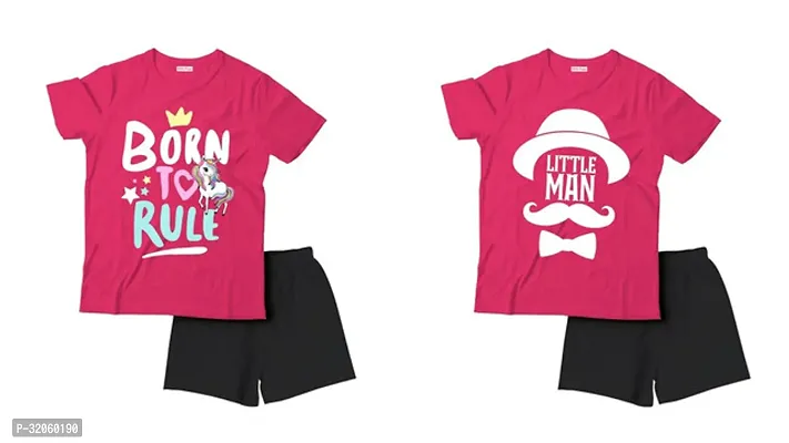 Fabulous Pink Cotton Printed T-Shirts with Shorts For Boys Pack Of 2