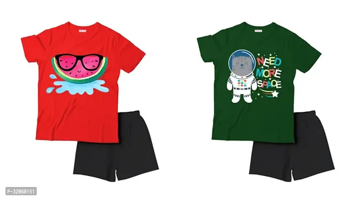 Fabulous Multicoloured Cotton Printed T-Shirts with Shorts For Boys Pack Of 2