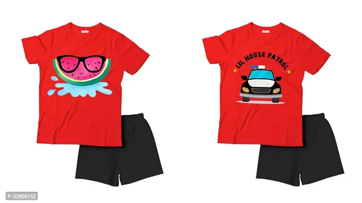 Fabulous Red Cotton Printed T-Shirts with Shorts For Boys Pack Of 2