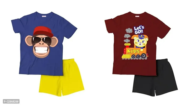 Fabulous Multicoloured Cotton Printed T-Shirts with Shorts For Boys Pack Of 2-thumb0