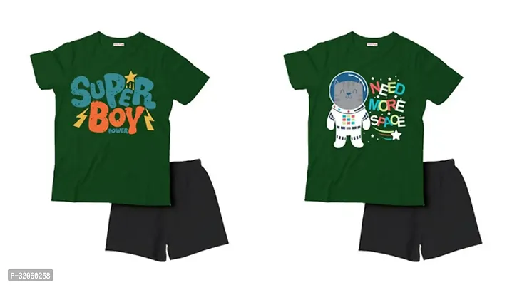 Fabulous Green Cotton Printed T-Shirts with Shorts For Boys Pack Of 2