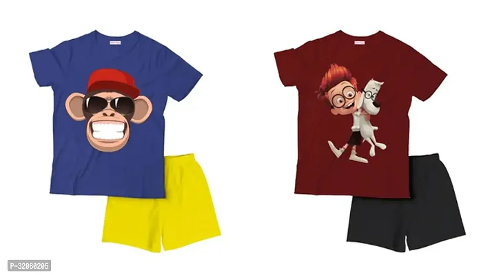 Fabulous Multicoloured Cotton Printed T-Shirts with Shorts For Boys Pack Of 2