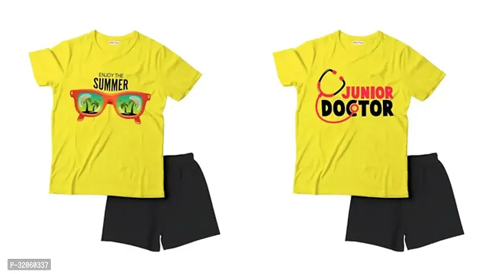 Fabulous Yellow Cotton Printed T-Shirts with Shorts For Boys Pack Of 2-thumb0