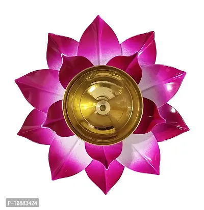 Extreme Karigari Flower Shape Metal  Brass Diya/Puja  Arti Diya/Decorative Diya/Brass  Metal Oil Diya / (Pink Colour)-thumb0