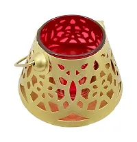 Extreme Karigari Small Cone Tea Light Candle Votive with Red Glass | Hanging and Floor Decorative Tea Light Holder Tea Light Candle Holder | 4.25 x 4.25 x 2.5 inches (Red)-thumb1