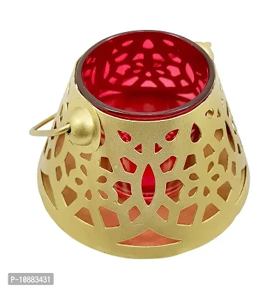 Extreme Karigari Small Cone Tea Light Candle Votive with Red Glass | Hanging and Floor Decorative Tea Light Holder Tea Light Candle Holder | 4.25 x 4.25 x 2.5 inches (Red)-thumb2