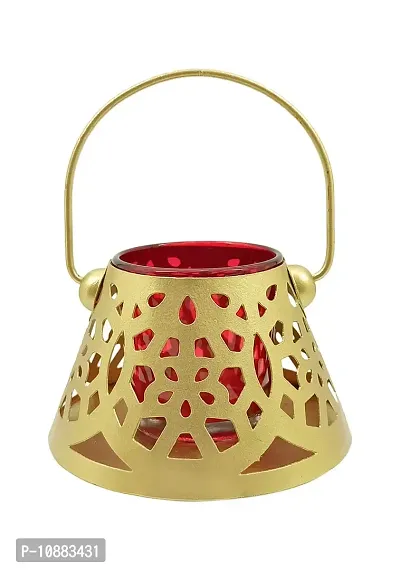 Extreme Karigari Small Cone Tea Light Candle Votive with Red Glass | Hanging and Floor Decorative Tea Light Holder Tea Light Candle Holder | 4.25 x 4.25 x 2.5 inches (Red)-thumb0