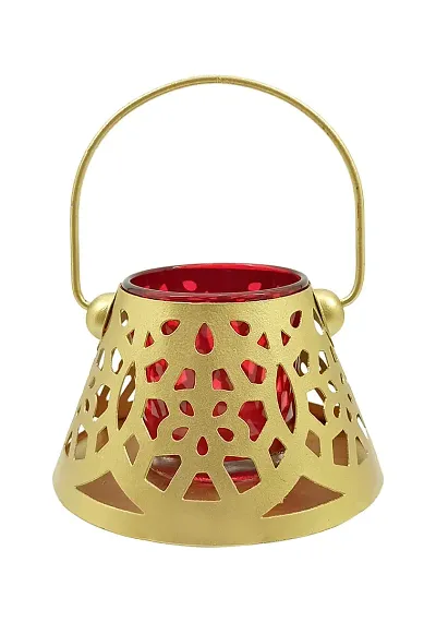 Extreme Karigari Small Cone Tea Light Candle Votive with Red Glass | Hanging and Floor Decorative Tea Light Holder Tea Light Candle Holder | 4.25 x 4.25 x 2.5 inches (Red)