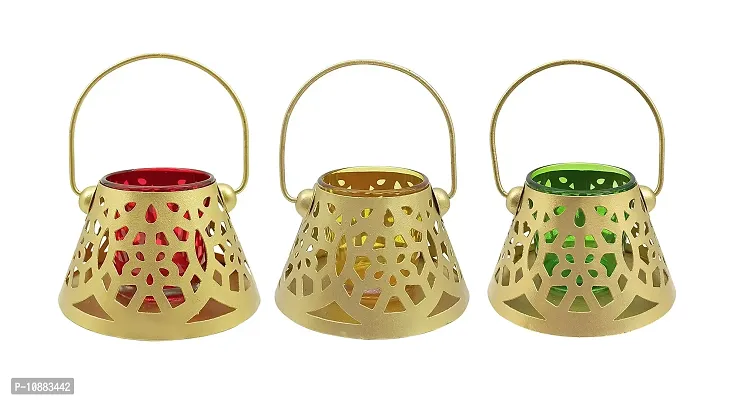 Extreme Karigari Small Cone Tea Light Candle Votive Glass | Hanging and Floor Decorative Tea Light Holder Tea Light Candle Holder | 4.25 x 4.25 x 2.5 inches (Green+Red+Yellow)-thumb0