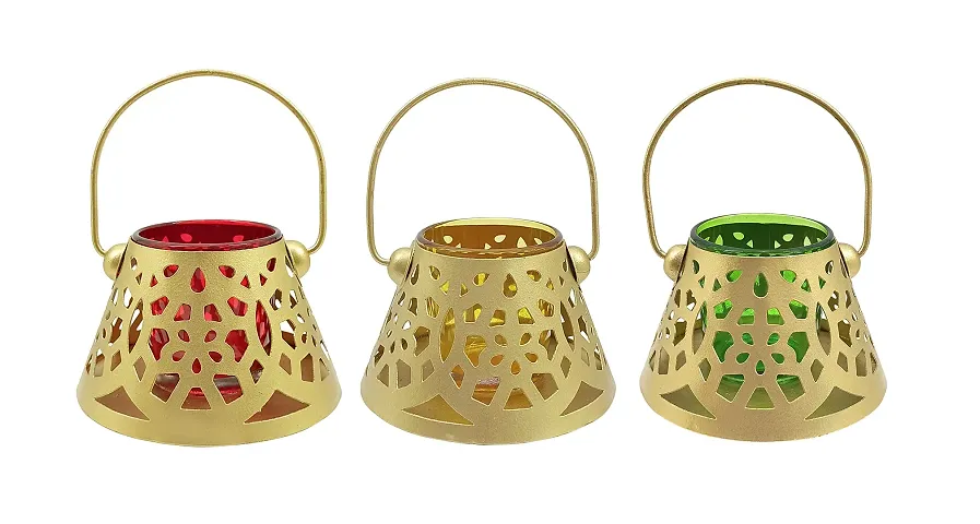 Extreme Karigari Small Cone Tea Light Candle Votive Glass | Hanging and Floor Decorative Tea Light Holder Tea Light Candle Holder | 4.25 x 4.25 x 2.5 inches (Green+Red+Yellow)