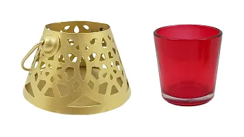 Extreme Karigari Small Cone Tea Light Candle Votive with Red Glass | Hanging and Floor Decorative Tea Light Holder Tea Light Candle Holder | 4.25 x 4.25 x 2.5 inches (Red)-thumb3