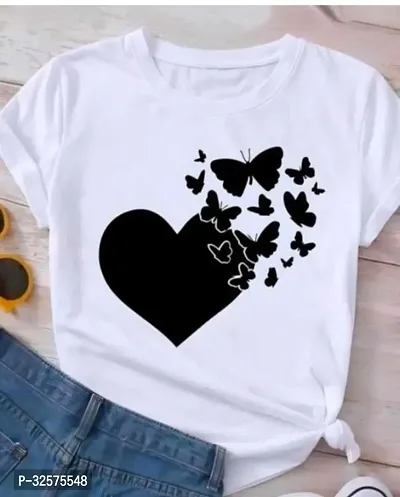 Stylish White Polyester Printed Round Neck Tees For Women-thumb0