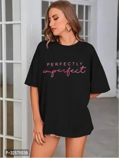 Stylish Black Polyester Printed Round Neck Tees For Women-thumb0