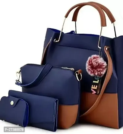 Stylish Navy Blue PU Colourblocked Handbags For Women Pack Of 3