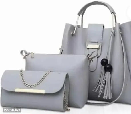 Stylish Grey PU Solid Handbags For Women Pack Of 3-thumb0