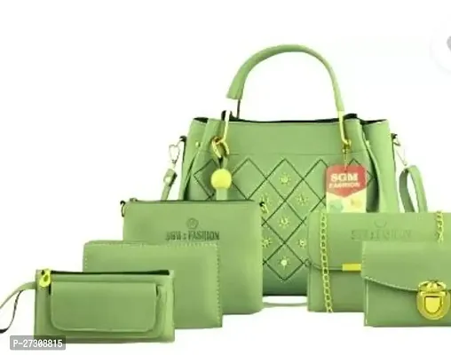 Stylish Green PU Textured Handbags For Women Pack Of 6-thumb0