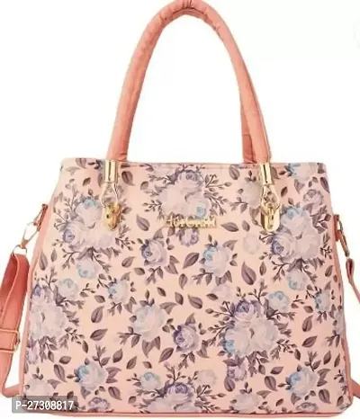 Stylish Peach PU Printed Handbags For Women-thumb0