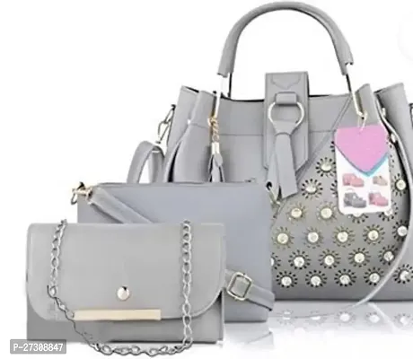 Stylish Grey PU Embellished Handbags For Women Pack Of 3-thumb0