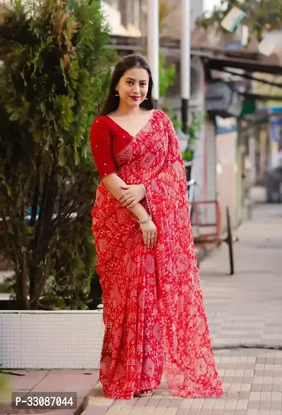 Stylish Red Georgette Printed Saree with Blouse piece For Women