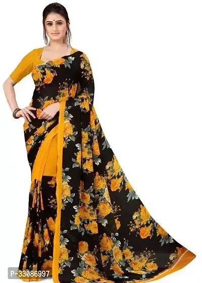 Stylish Yellow Georgette Printed Saree with Blouse piece For Women-thumb0