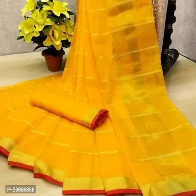 Stylish Yellow Cotton Blend Checked Saree with Blouse piece For Women