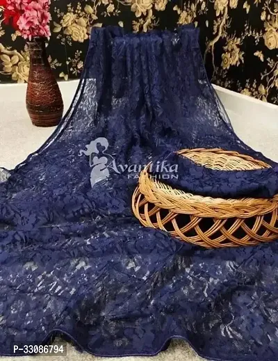 Stylish Navy Blue Net Printed Saree with Blouse piece For Women-thumb0